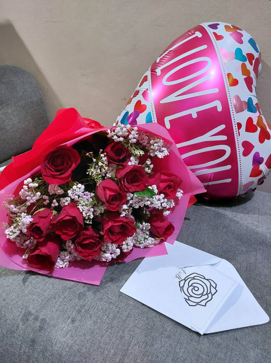 red roses bouquet with balloon