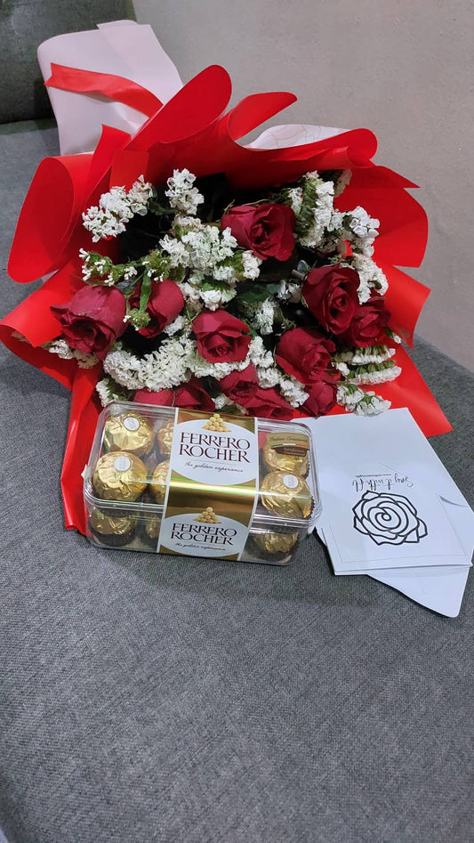 red rose bouquet with chocolates